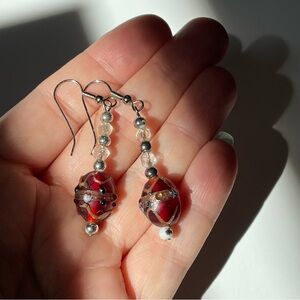 Vintage dangling red Murano art glass earrings